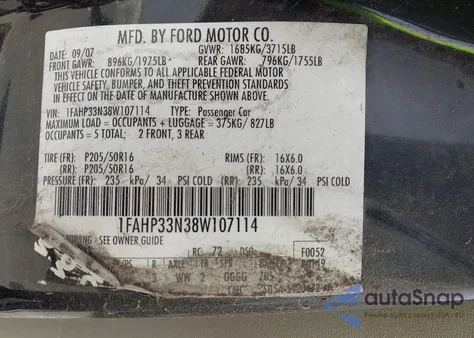 2008 Ford Focus Se/Ses из США, поврежденный, VIN 1FAHP33N38W107114